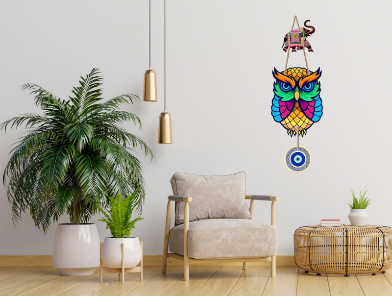 Regalocasila Owl and Evil Eye Hanging Wall Decoration - Wooden Wall Hanging