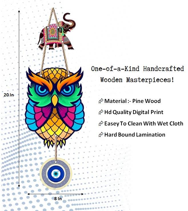 Regalocasila Owl and Evil Eye Hanging Wall Decoration - Wooden Wall Hanging