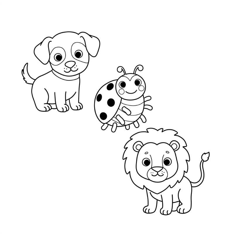 Ladybyg, Dog, Lion Colouring Sheet