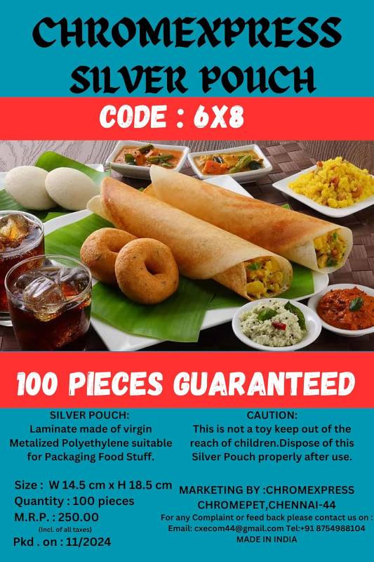 Chromexpress 6 x 8 Inches small Aluminium Silver foil Pouches for Food Tea Coffee Packaging. Packing Pouches Storage Bags for Multipurpose use. (100)
