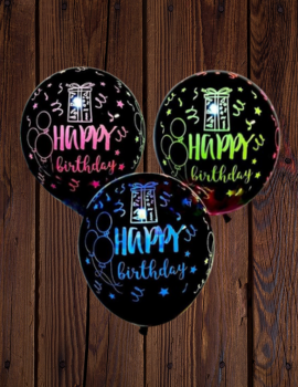 Happy Birthday Balloons, Black with Neon Design, Party Decorations