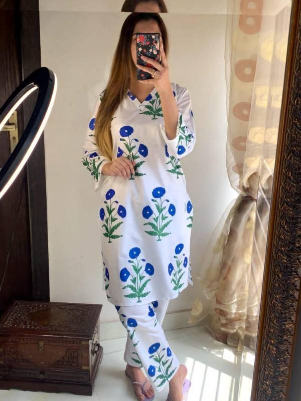 2pcs women stitched linen embroidered shirt and trouser
