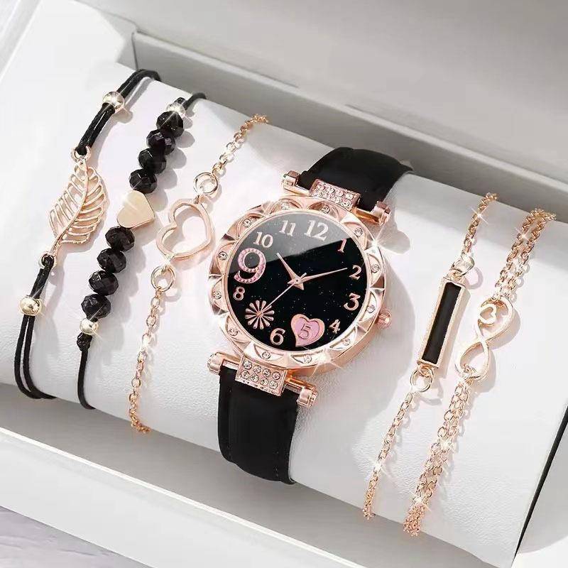 new ladies diamond1 dial belt quartz watch beaded bracelets 6pcs