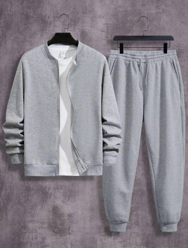 2pcs man fleece plain zipper track suit