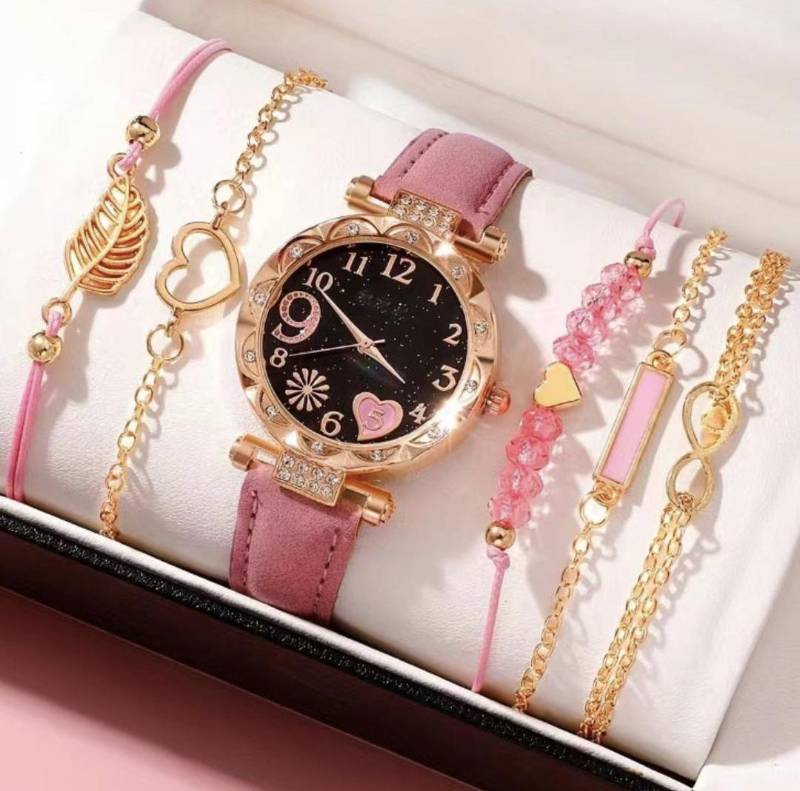 new ladies diamond2 dial belt quartz watch beaded bracelets 6pcs