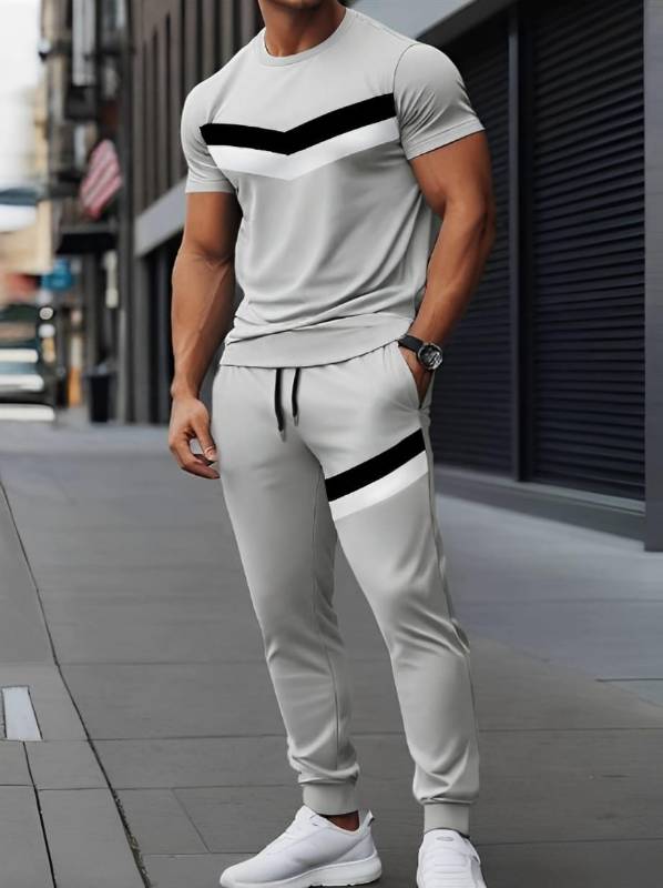 Man grey micro track suit 2pcs  set with round  neck