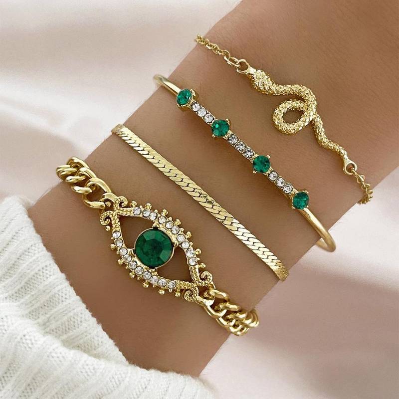 4pcs Gold plated charms hanging bracelet set with rhinestones