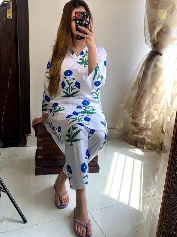 2pcs women stitched linen embroidered shirt and trouser
