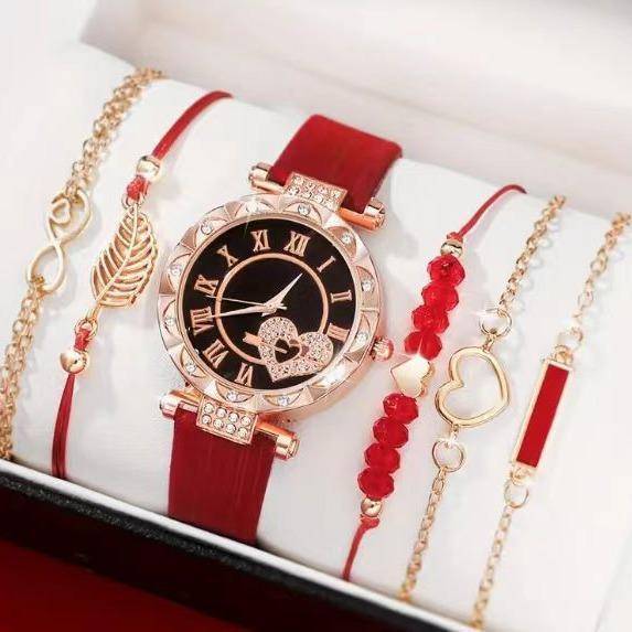 new ladies diamond dial belt quartz watch beaded bracelets 6pcs
