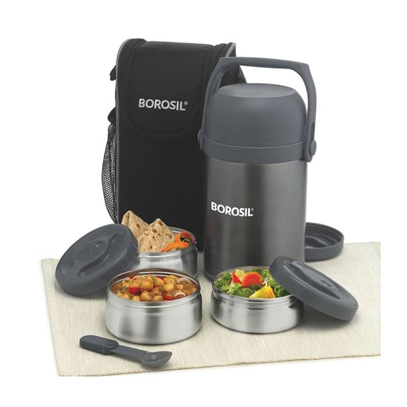 Borosil - Hot-N-Fresh Stainless Steel Insulated Lunch Box, 4-Piece Set (2 350ml + 2 420ml), Gray