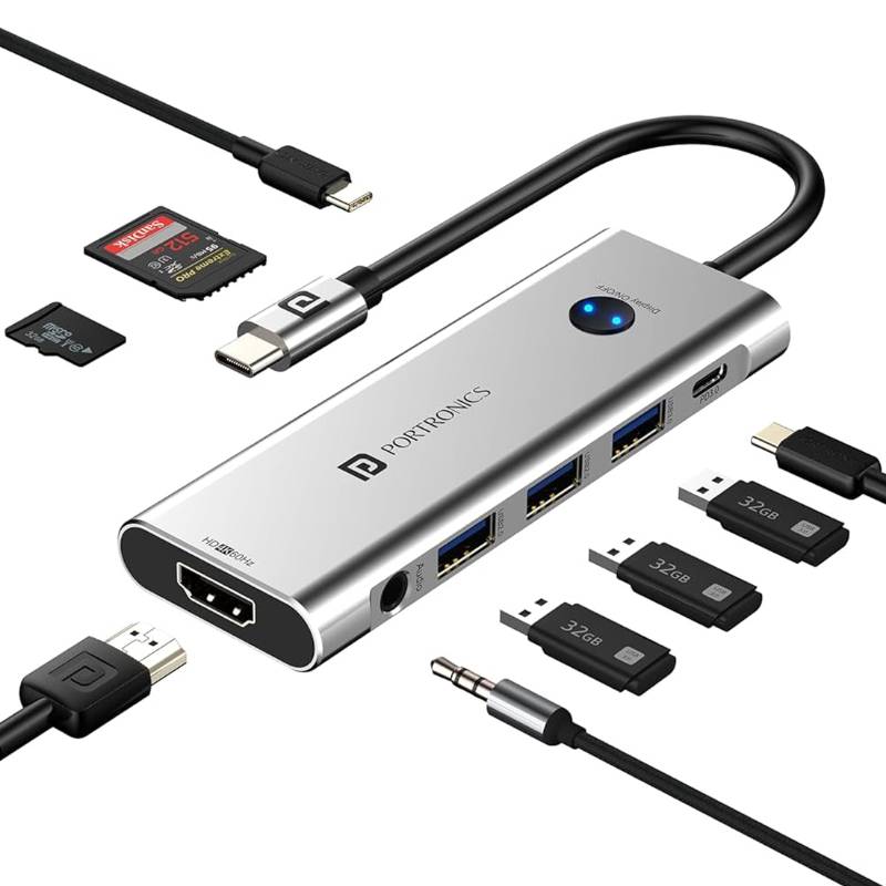 Portronics Mport One USB C Hub (9-in-1) with 4K 60Hz HDMI, 3-Port USB, HDMI On-Off Button, 100W Type-C Charging