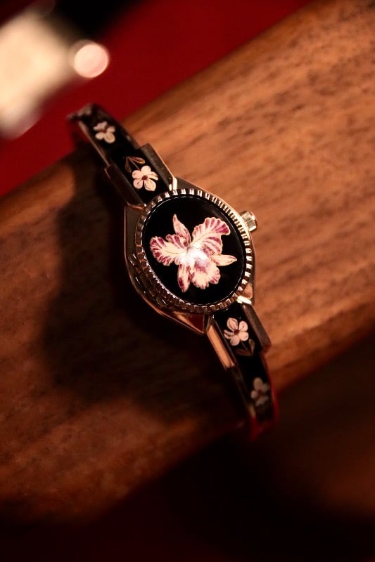 RARE André Mouche Quartz Watch with Black and Purple Enamel Floral Design