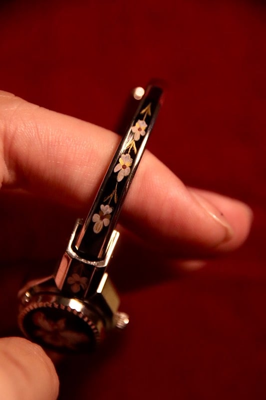 RARE André Mouche Quartz Watch with Black and Purple Enamel Floral Design