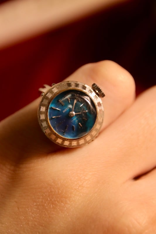 ULTRA RARE Vintage Seiko Ring Watch 10-0630 Hand Winding Blue 17 Jewels