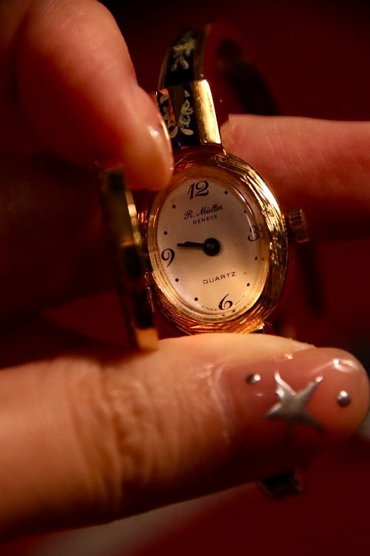 RARE Vintage André Mouche Crystal-Set Quartz Watch with Green and Navy Enamel Floral Design Bangle