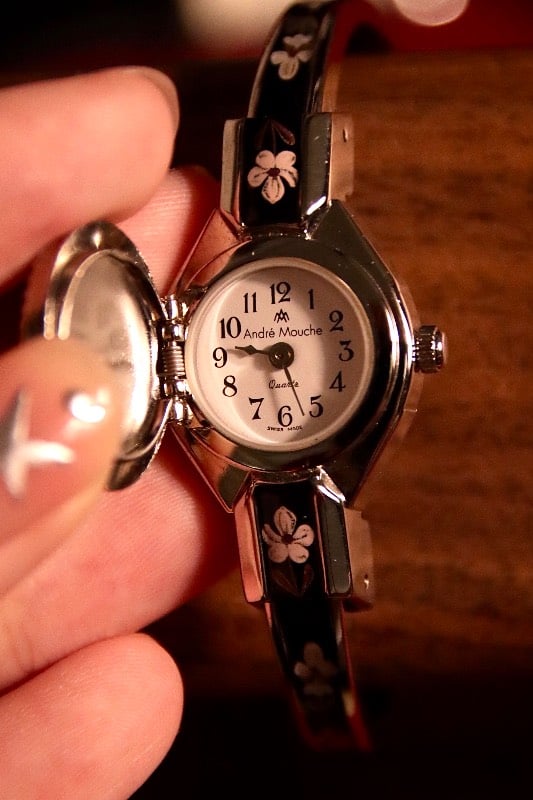 RARE André Mouche Quartz Watch with Black and Purple Enamel Floral Design