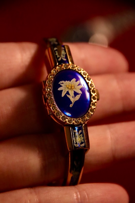 RARE Vintage André Mouche Crystal-Set Quartz Watch with Green and Navy Enamel Floral Design Bangle