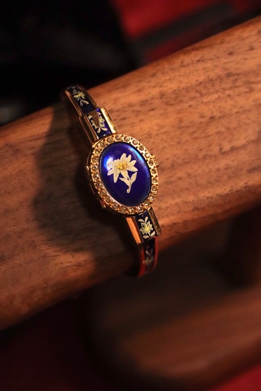 RARE Vintage André Mouche Crystal-Set Quartz Watch with Green and Navy Enamel Floral Design Bangle