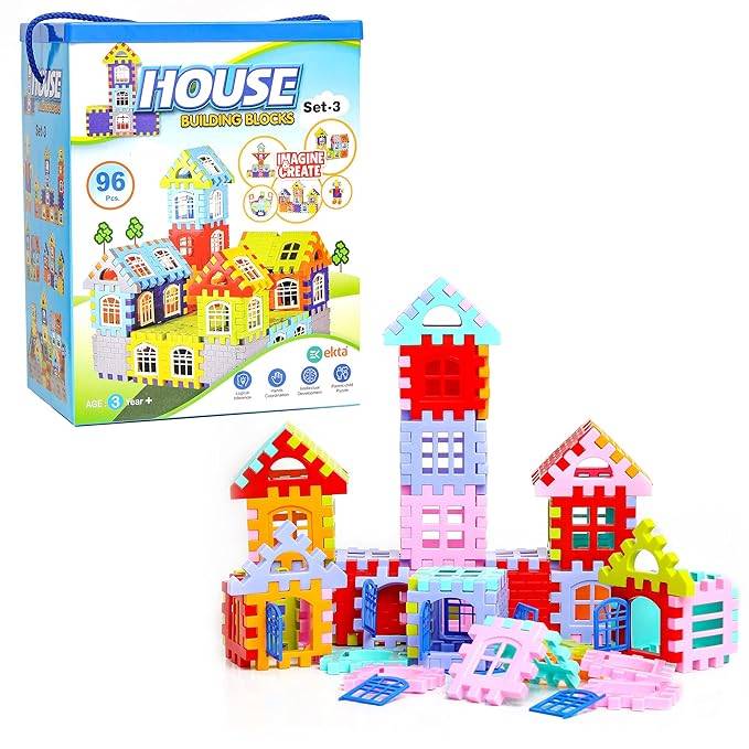 House Building Blocks with Windows Set-3, Building Blocks for Kids, Block Game for Kids (Multicolor, Big Size) - 96 Pieces
