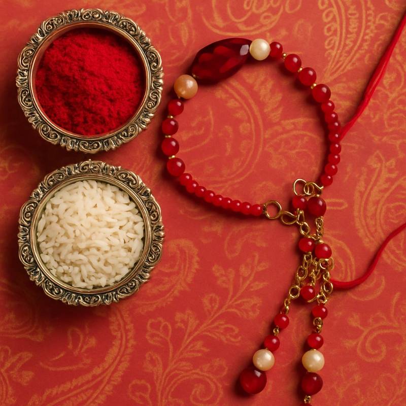 Elegant Red and Pearl Latkan Rakhi