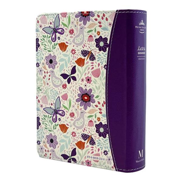 Biblia Reina Valera 1960 tamaño portátil Letra Grande 11 puntos Imitación Piel floral lila oscuro. Canto pintado. Colección Primaveral.