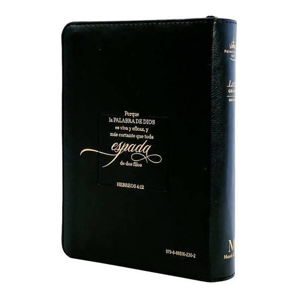 Biblia Reina Valera 1960 tamaño portátil Letra Grande 11 puntos Imitación Piel negro/gris con espada. Cierre e índice. Colección Expresión.