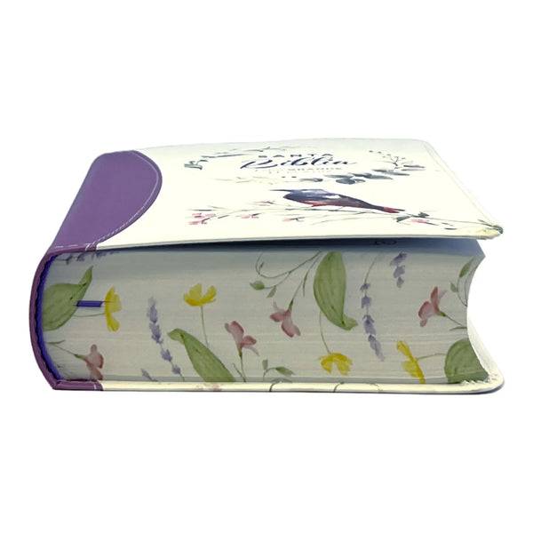 Biblia Reina Valera 1960 tamaño portátil Letra Grande 11 puntos Imitación Piel floral lila claro. Canto pintado. Colección Primaveral