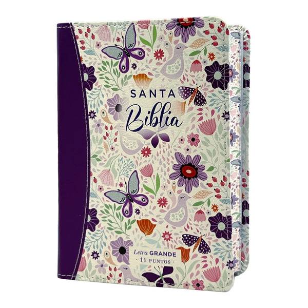 Biblia Reina Valera 1960 tamaño portátil Letra Grande 11 puntos Imitación Piel floral lila oscuro. Canto pintado. Colección Primaveral.