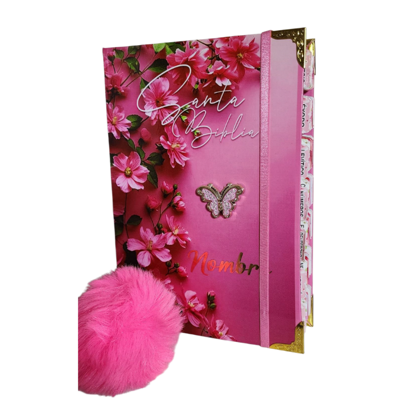 Biblia Floreadas Mariposa Fucsia + Nombre + Índice