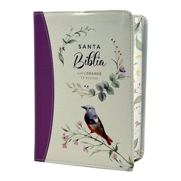 Biblia Reina Valera 1960 tamaño portátil Letra Grande 11 puntos Imitación Piel floral lila claro. Canto pintado. Colección Primaveral