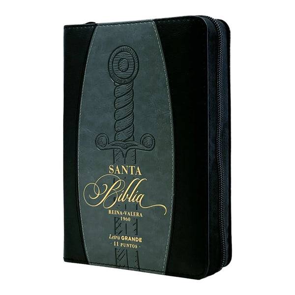 Biblia Reina Valera 1960 tamaño portátil Letra Grande 11 puntos Imitación Piel negro/gris con espada. Cierre e índice. Colección Expresión.