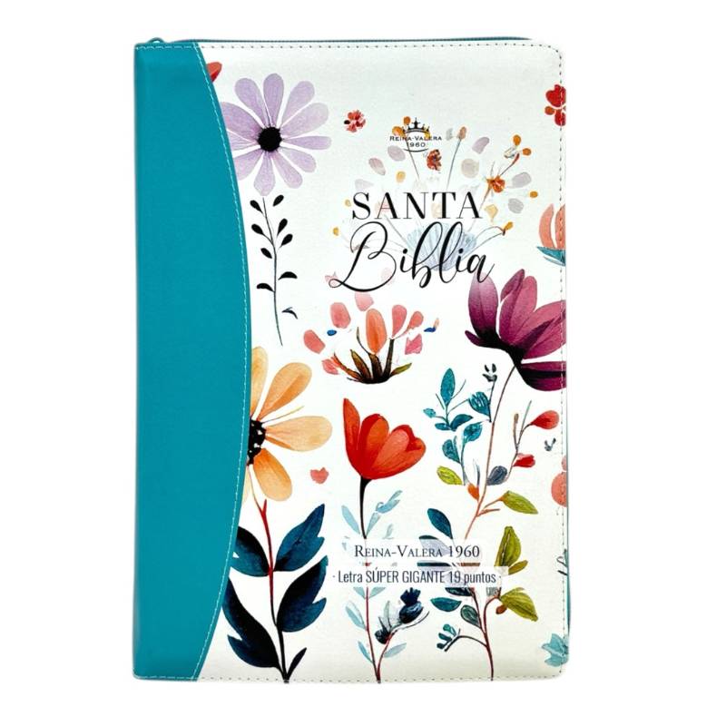 BIBLIA REINA VALERA 1960 SÚPER GIGANTE JARDIN CANTO PINTADO C/CIERRE INDICE IMIT PIEL DE ALTA CALIDAD ,CELESTE