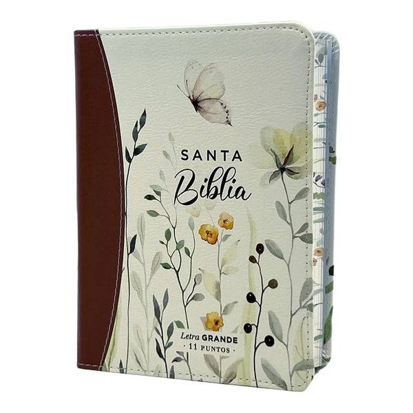 Biblia Reina Valera 1960 tamaño portátil Letra Grande 11 puntos Imitación Piel floral marrón. Canto pintado. Colección Primaveral.