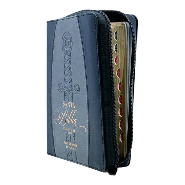 Biblia Reina Valera 1960 tamaño portátil Letra Grande 11 puntos Imitación Piel negro/gris con espada. Cierre e índice. Colección Expresión.