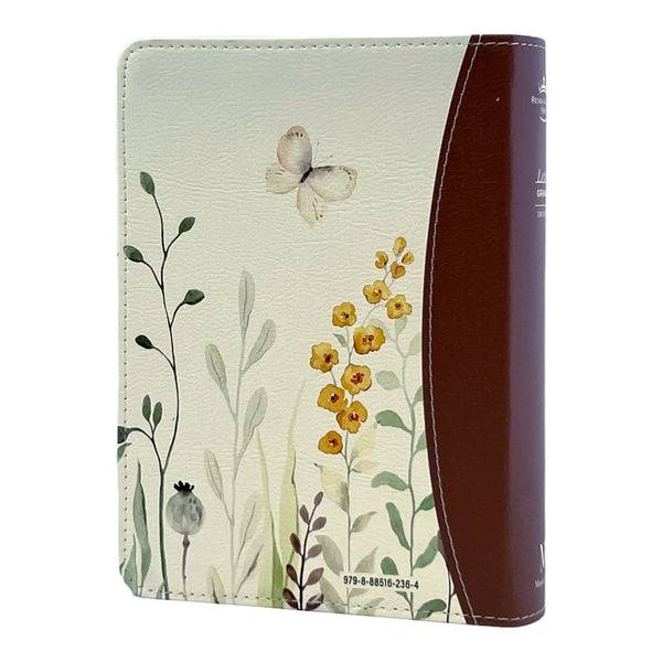 Biblia Reina Valera 1960 tamaño portátil Letra Grande 11 puntos Imitación Piel floral marrón. Canto pintado. Colección Primaveral.