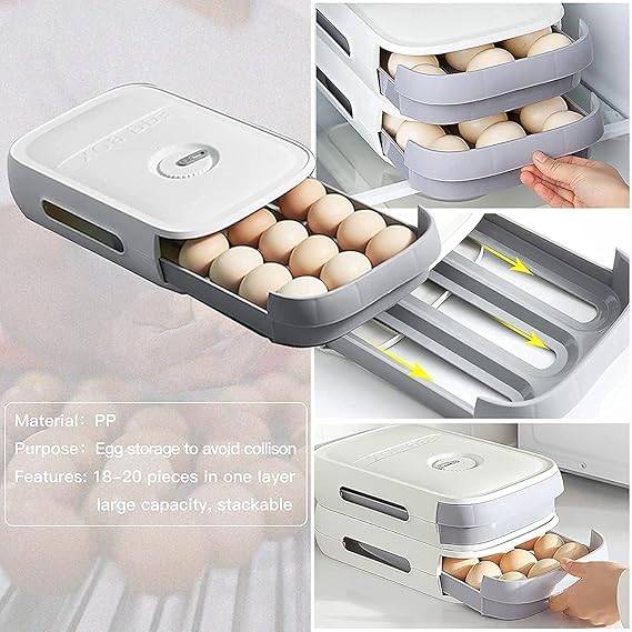 Stackable Egg Holder for Refrigerator (18-21 Eggs) - Plastic Container With Drawer