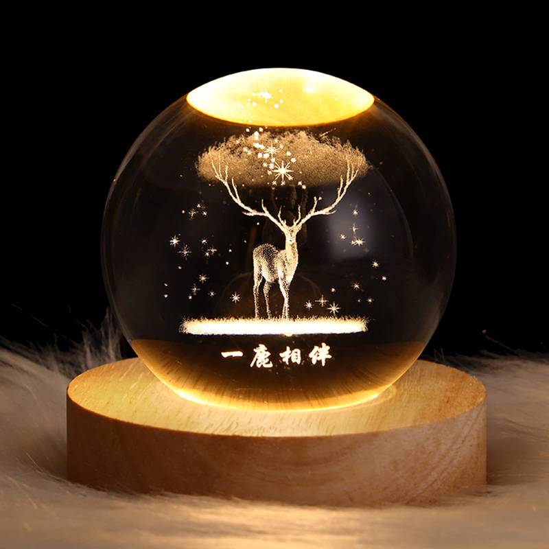 3D Glass Astronomy Night Lamp – Solar System Design with Wooden Base & LED Touch Light (Deer Edition)