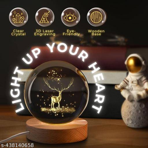 3D Glass Astronomy Night Lamp – Solar System Design with Wooden Base & LED Touch Light (Deer Edition)