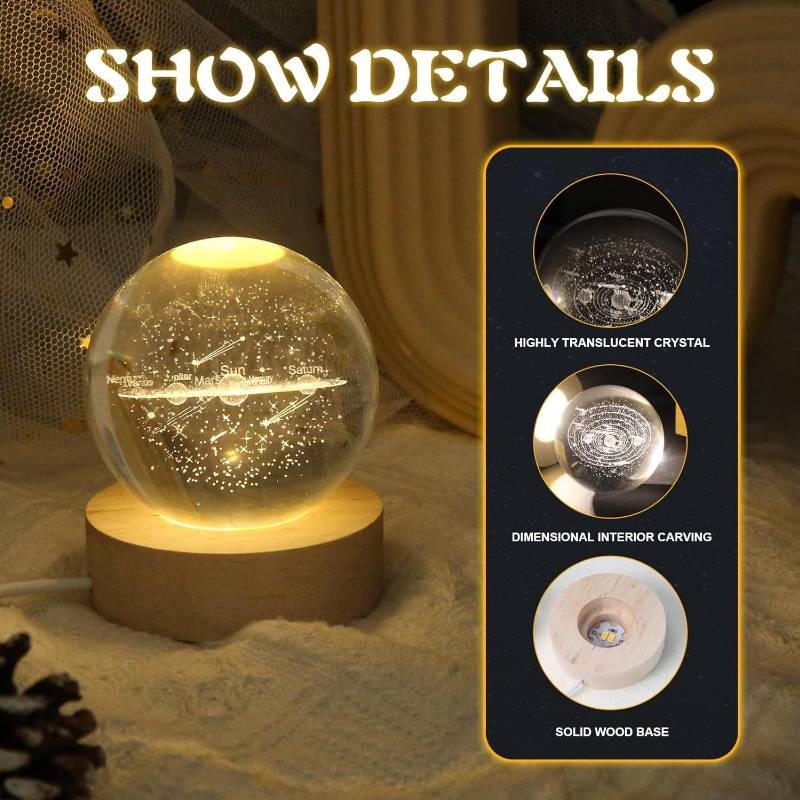 3D Glass Astronomy Night Lamp – Solar System Design with Wooden Base & LED Touch Light (Deer Edition)