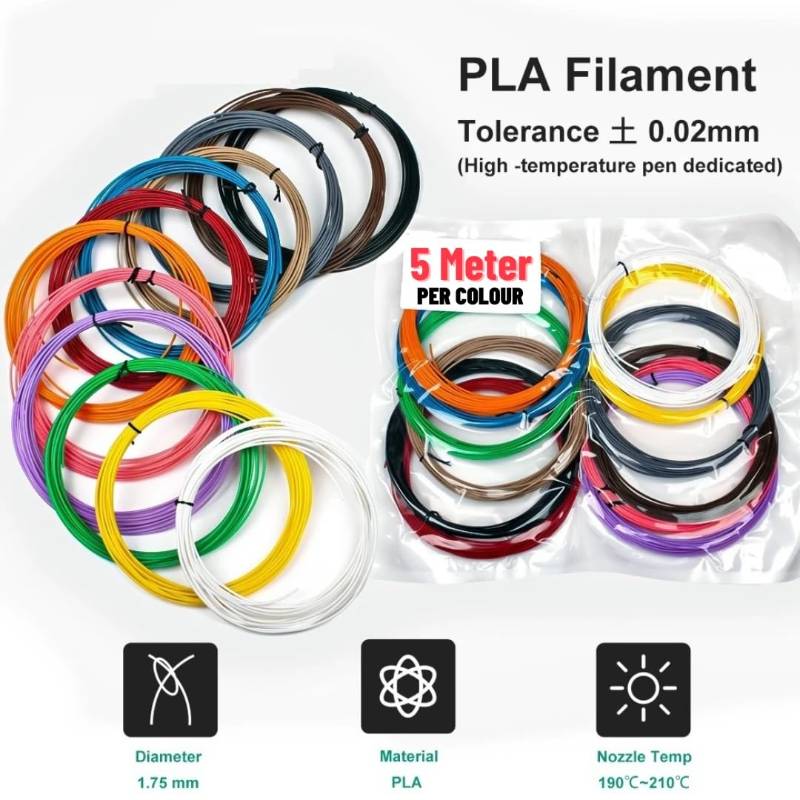 PLA Filament Set for 3D Pen – 10 Colors × 5m Each (Total 50m, Pink Included)