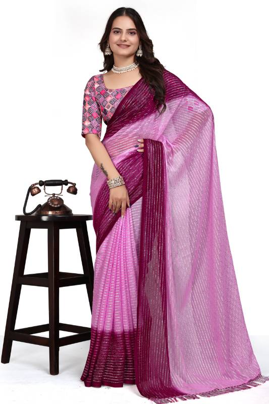 Striped Daily Wear Silk Blend, Georgette Saree