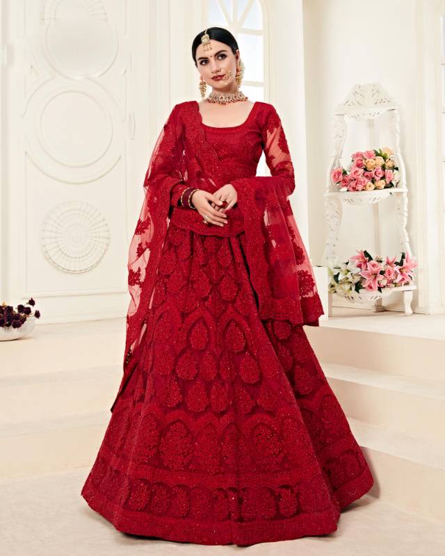Red Net Handwork Wedding-Wear Bridal Lehenga Choli