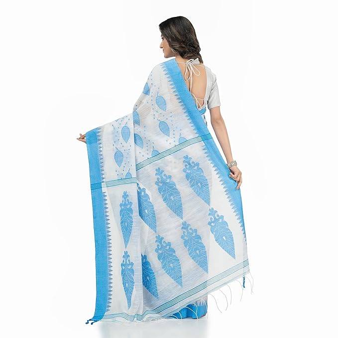 Women`s Traditional Bengali Tant Pure Cotton Handloom Saree Potro Leaf Design With Blouse Piece