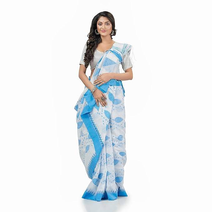 Women`s Traditional Bengali Tant Pure Cotton Handloom Saree Potro Leaf Design With Blouse Piece