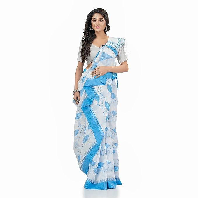 Women`s Traditional Bengali Tant Pure Cotton Handloom Saree Potro Leaf Design With Blouse Piece