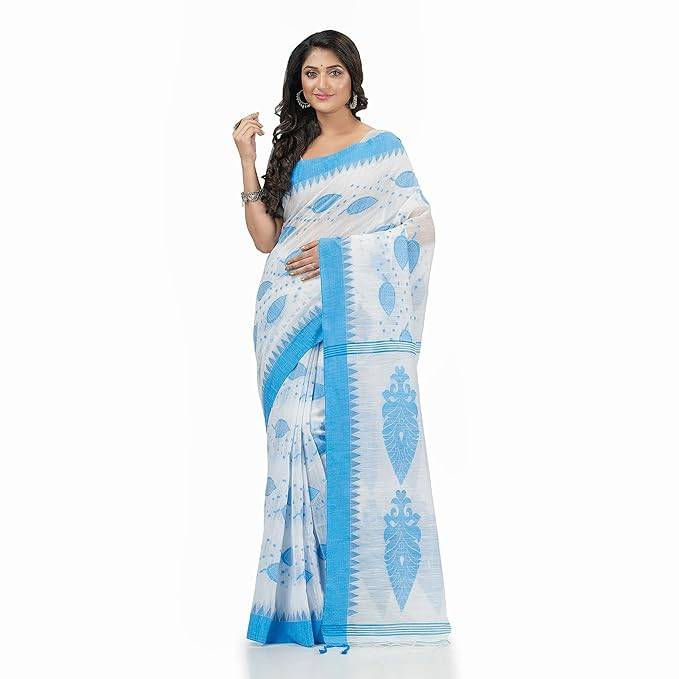 Women`s Traditional Bengali Tant Pure Cotton Handloom Saree Potro Leaf Design With Blouse Piece