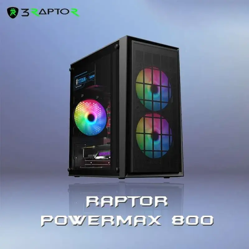 POWER UP RAPTOR POWERMAX 800 (BLACK) SIDE TEMPERED GLASS + PSU FREE 2 FAN