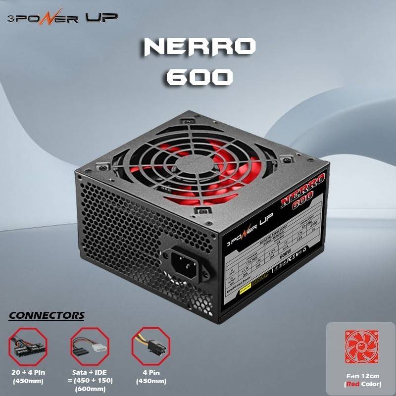 POWER UP NERRO 600 watt 3 PSU with RED FAN 12cm