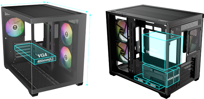 GAMDIAS AURA GC10M ARGB (BLACK/WHITE) + 3 FAN ARGB m-ATX PC CASE