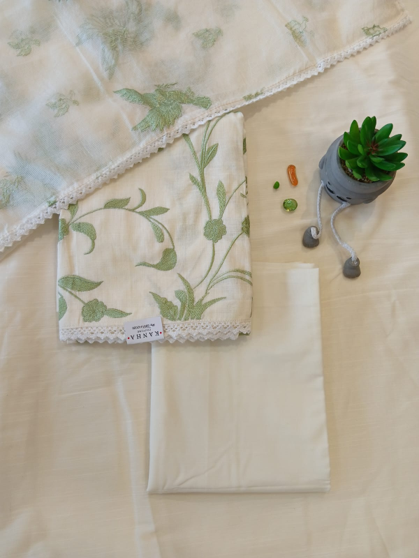 White and green cotton thread work with cotta dupatta